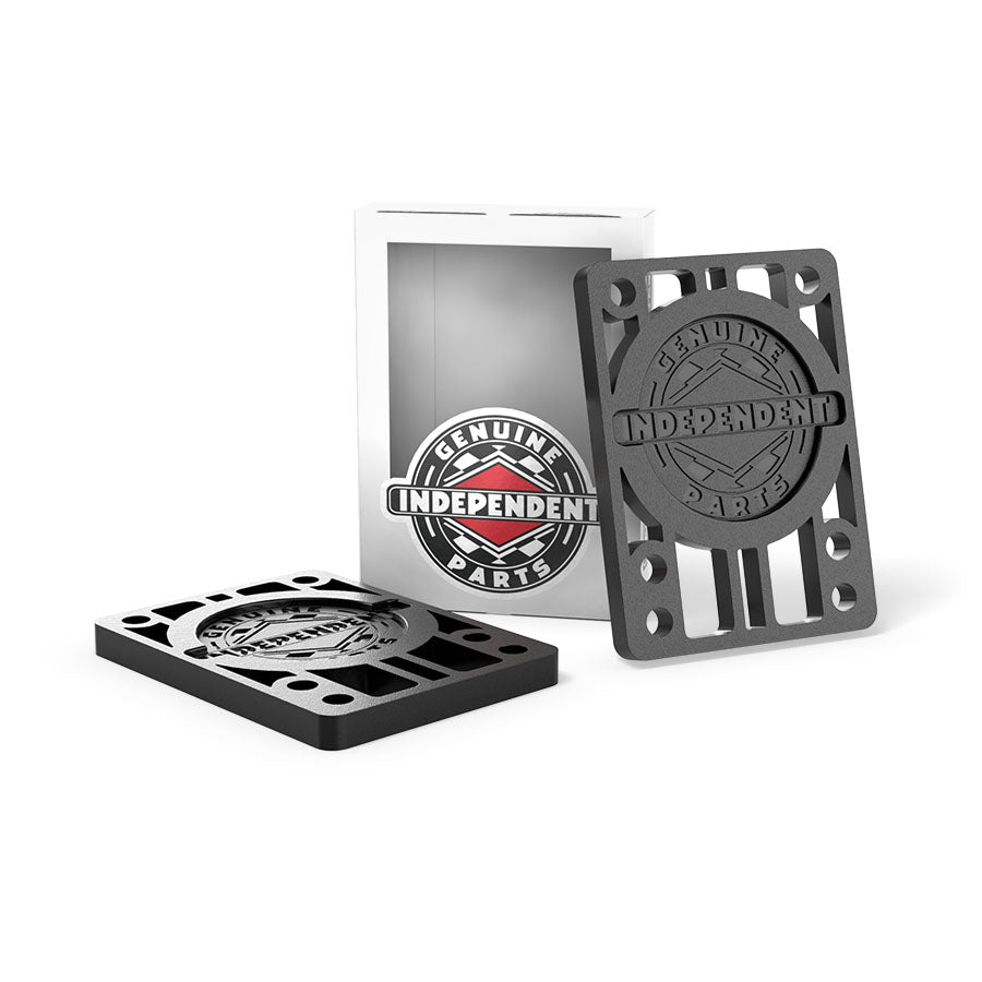 Two black Independent Genuine Parts 1/4-inch riser pads shown with their retail pouch