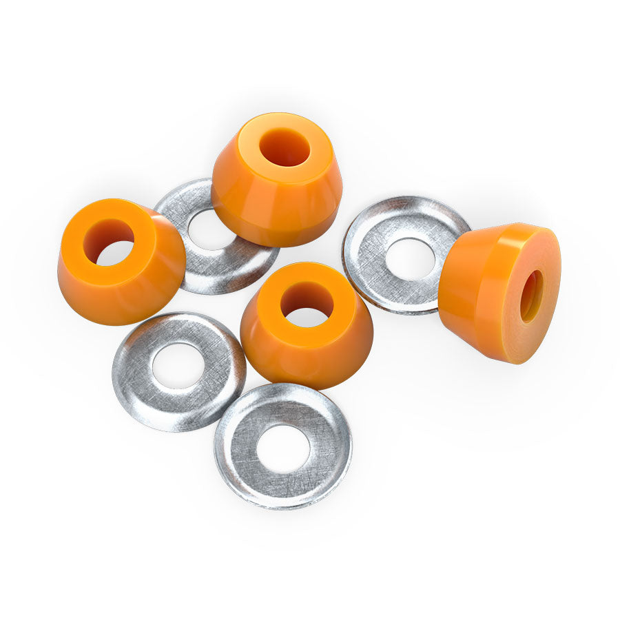 Close-up of Independent orange 90a standard conical bushings, showing two top and two bottom bushings with four silver cup washers.