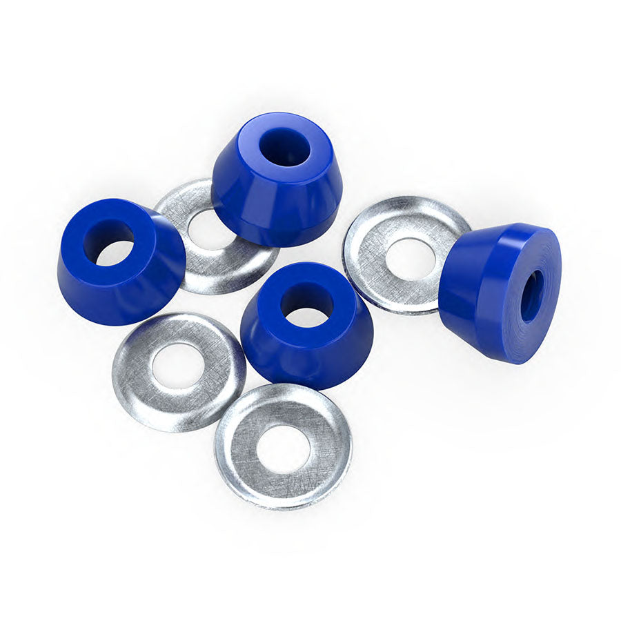 Close-up of Independent blue 92a standard conical bushings, showing two top and two bottom bushings with four silver cup washers.