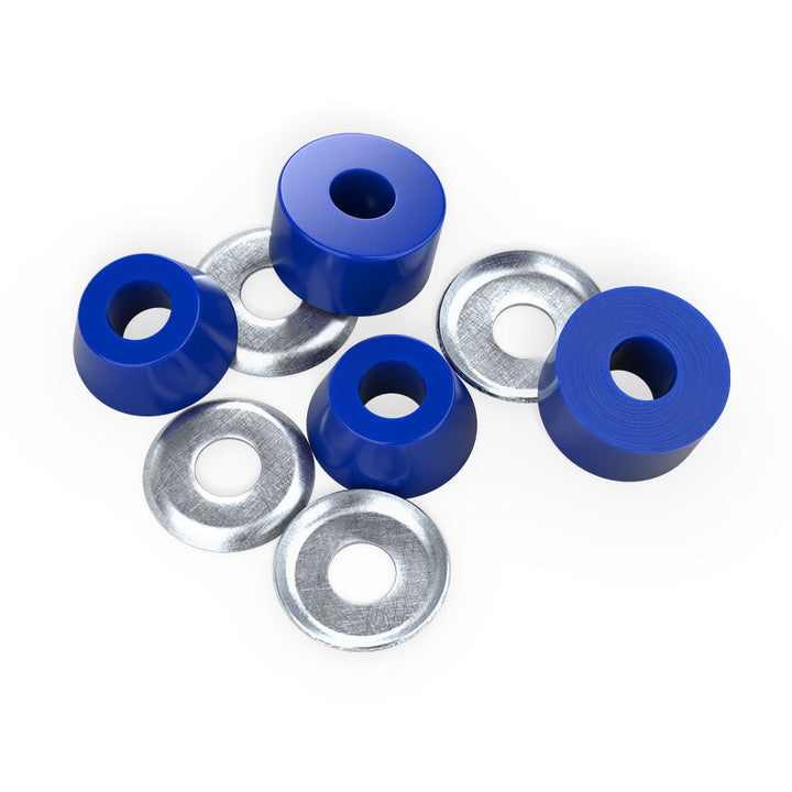 Close-up of Independent blue 92a standard cylinder bushings, showing two top and two bottom bushings with four silver cup washers.