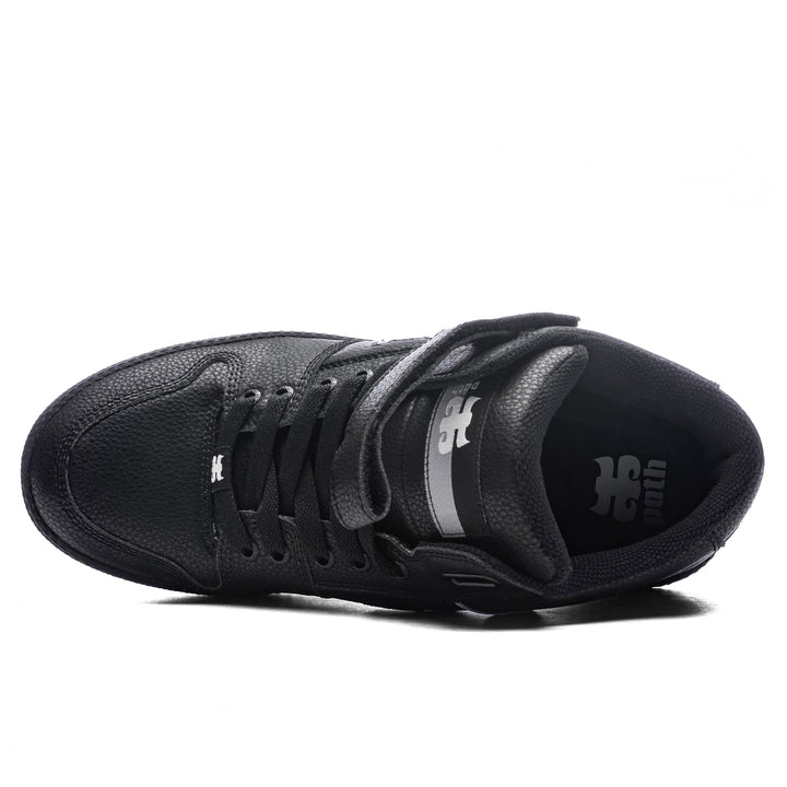 Top view of the iPath Grasshopper Black Pebble Leather shoe showing black laces, ankle strap and padded collar