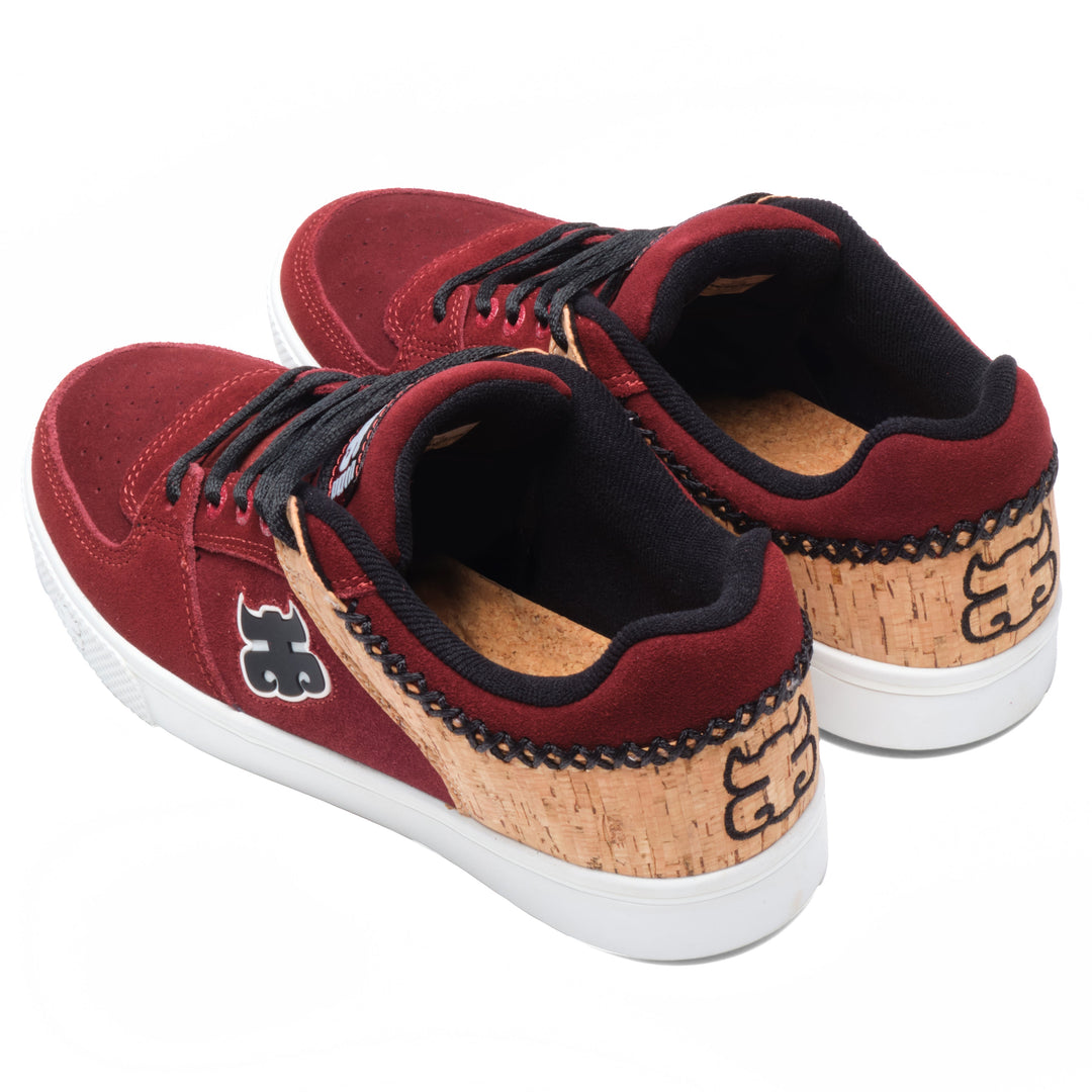 Rear three-quarter view of the iPath Reed Low wine suede and cork shoes, showing cork heel panels and embroidered logos.