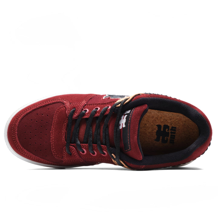 Top view of the iPath Reed Low wine suede and cork shoe, showing black laces, perforated toe and insole logo.