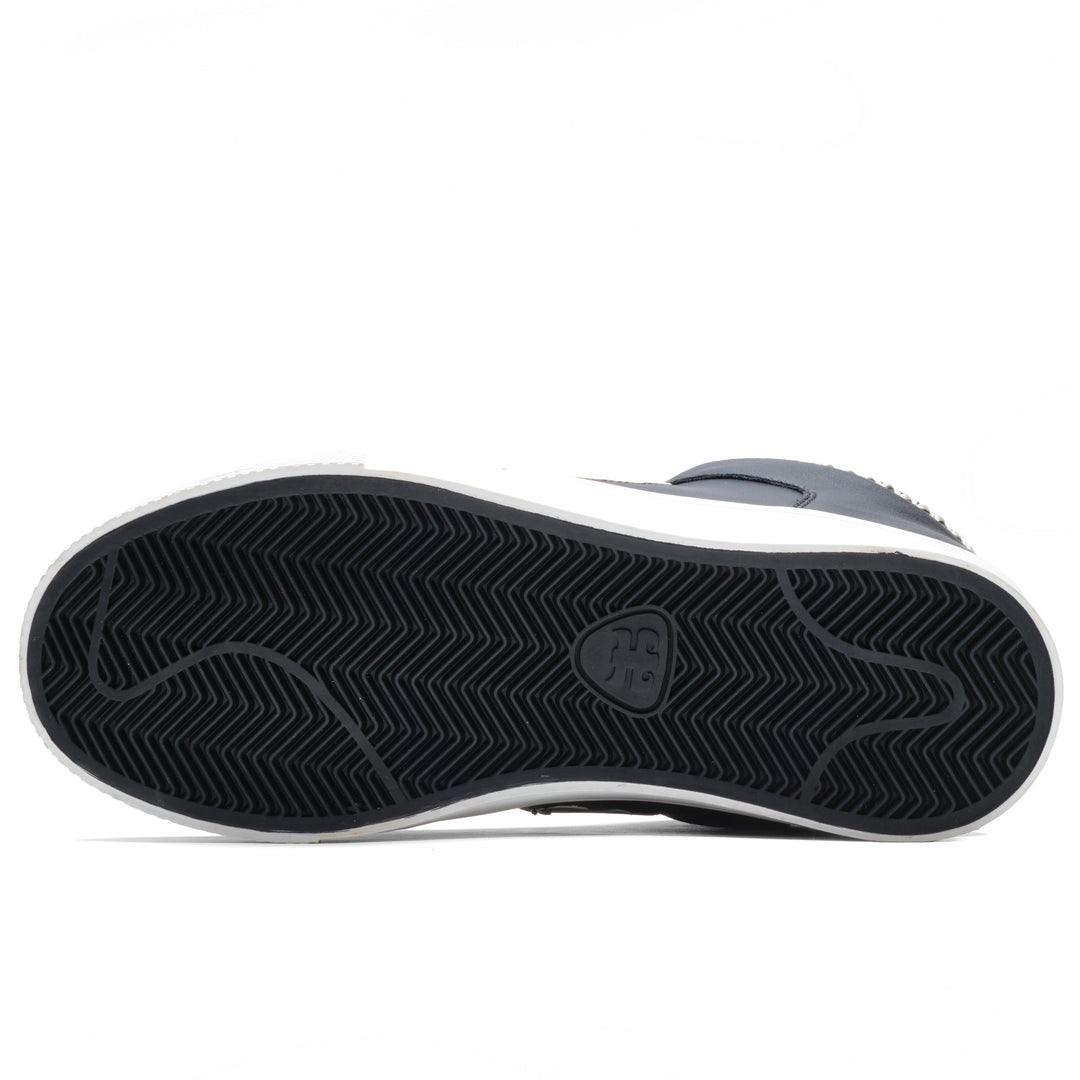 Bottom view of the iPath Reed Mid black leather shoe, showing the black herringbone outsole.