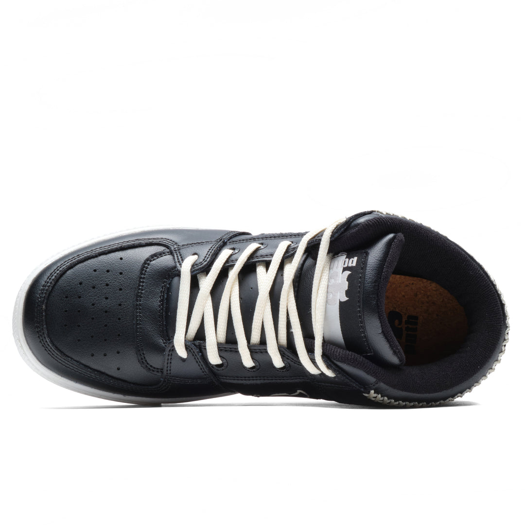 Top view of the iPath Reed Mid black leather shoe, showing cream laces, the perforated toe and padded collar.