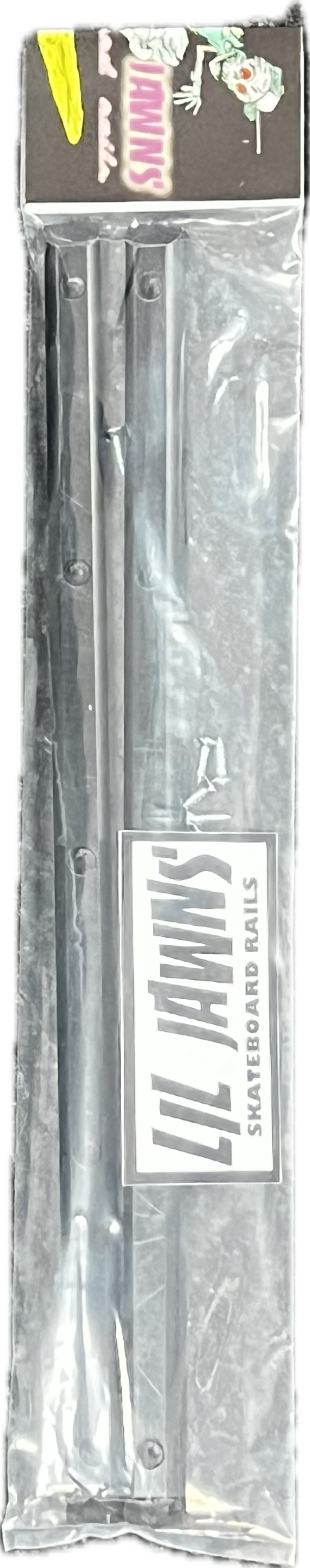 Black Lil Jawns Standard 14-inch skateboard rail pair in retail packaging with mounting screws