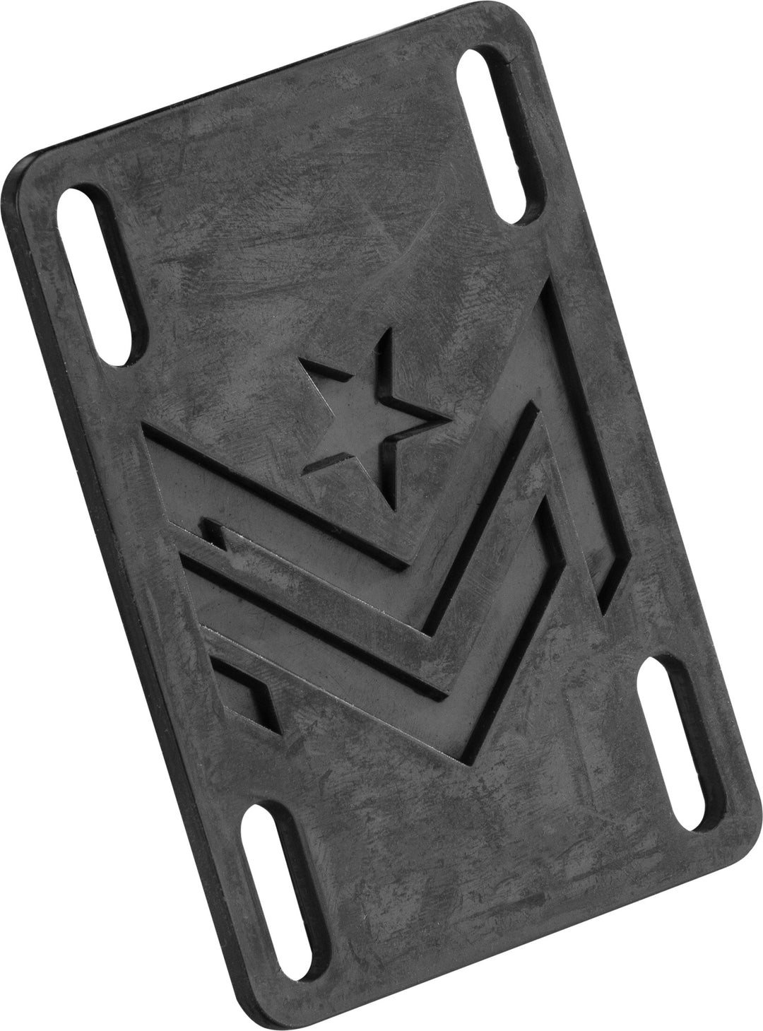 Black Mini Logo rubber riser pad with a molded star-and-chevron logo and four slotted mounting holes.