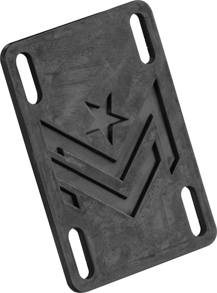 Black Mini Logo rubber riser pad with a molded star-and-chevron logo and four slotted mounting holes.