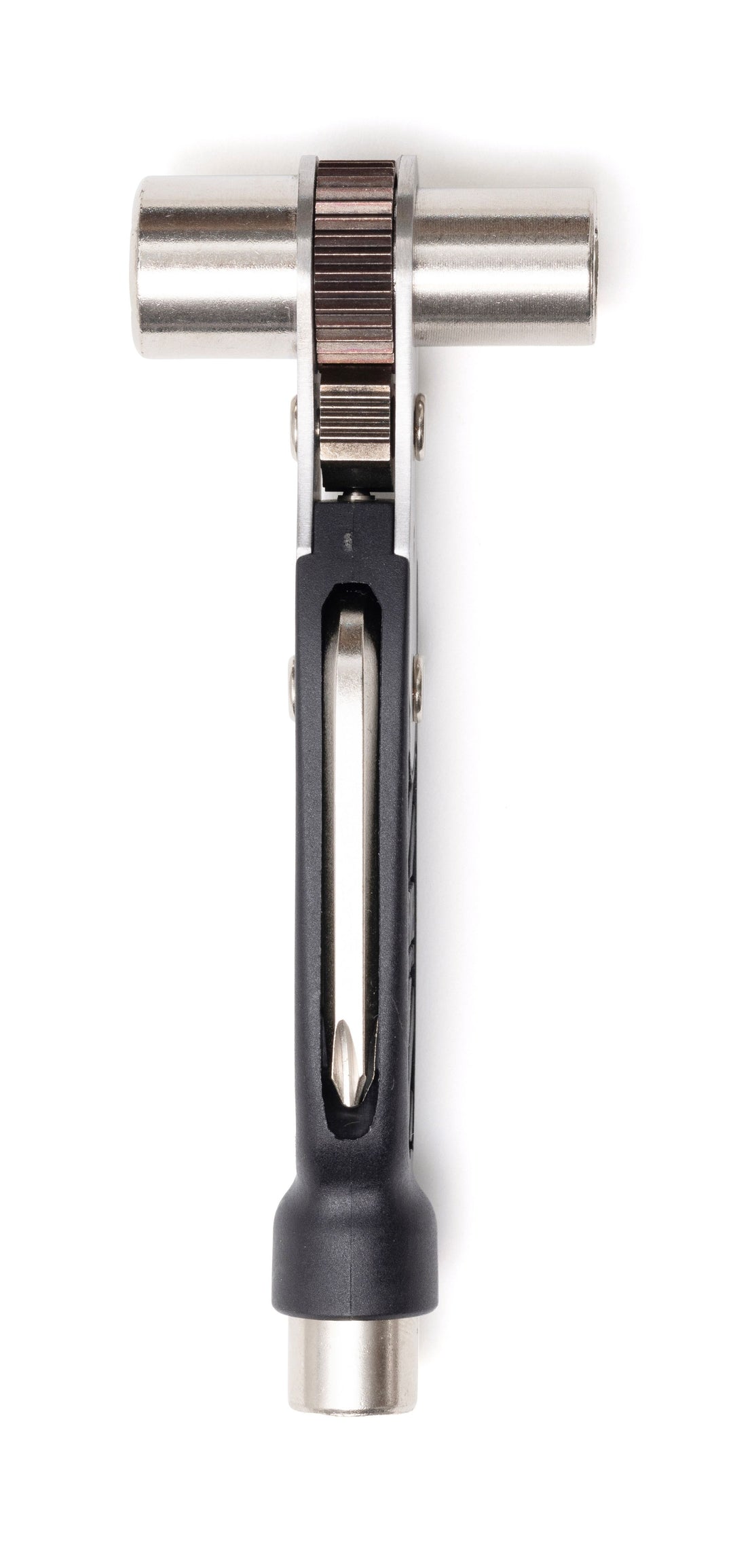 A black, silver, and gray PRIME8 skate tool with a triple ratchet system and a stainless steel and high impact composite handle.