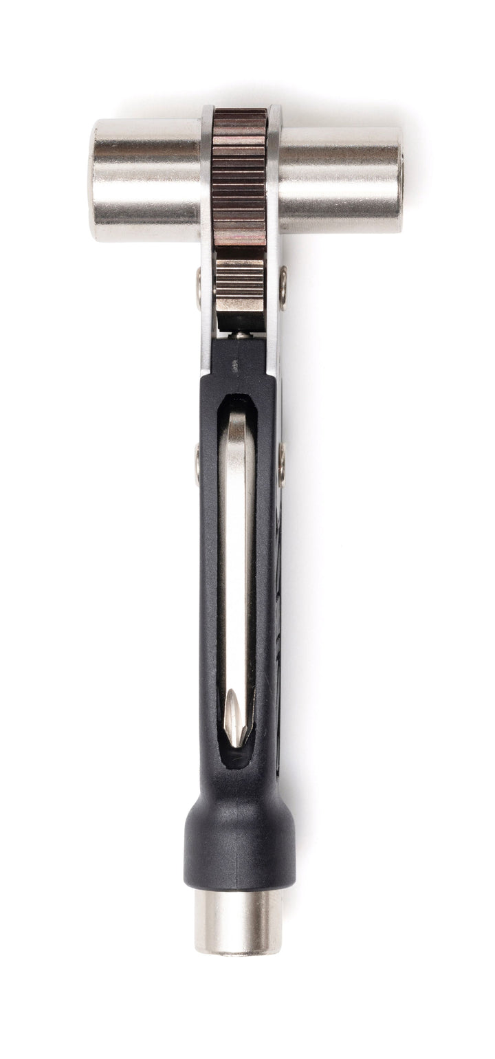A black, silver, and gray PRIME8 skate tool with a triple ratchet system and a stainless steel and high impact composite handle.