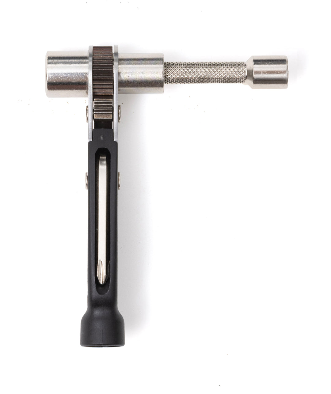 A black, silver, and gray PRIME8 skate tool with a triple ratchet system and a stainless steel and high impact composite handle.