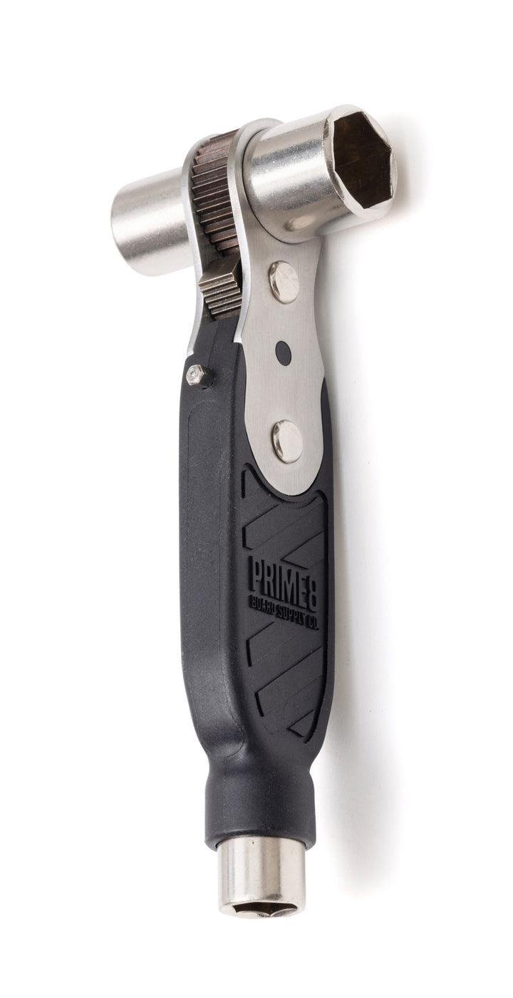 A black, silver, and gray PRIME8 skate tool with a triple ratchet system and a stainless steel and high impact composite handle.