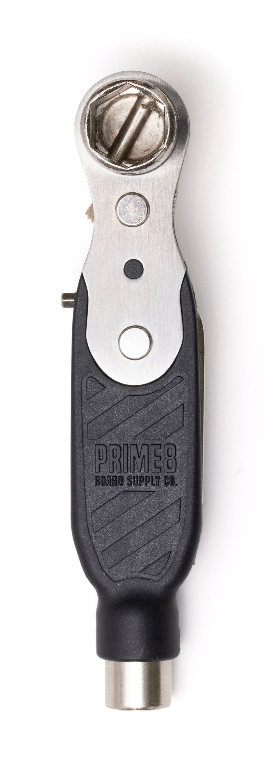 A black, silver, and gray PRIME8 skate tool with a triple ratchet system and a stainless steel and high impact composite handle.
