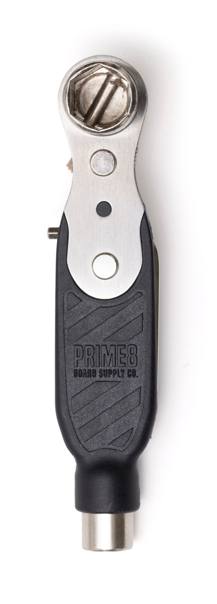 A black, silver, and gray PRIME8 skate tool with a triple ratchet system and a stainless steel and high impact composite handle.
