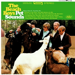 Album cover of 'Pet Sounds' by The Beach Boys with band members and goats.