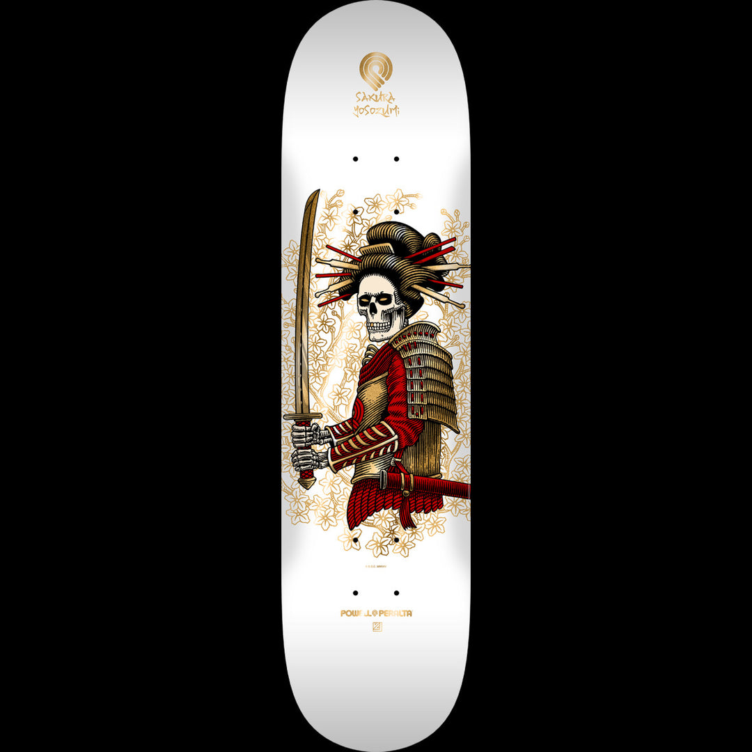 Powell Peralta Sakura Yosozumi Onna-Bugeisha Mini 7.5 x 29.8 inch skateboard deck, white and gold foil