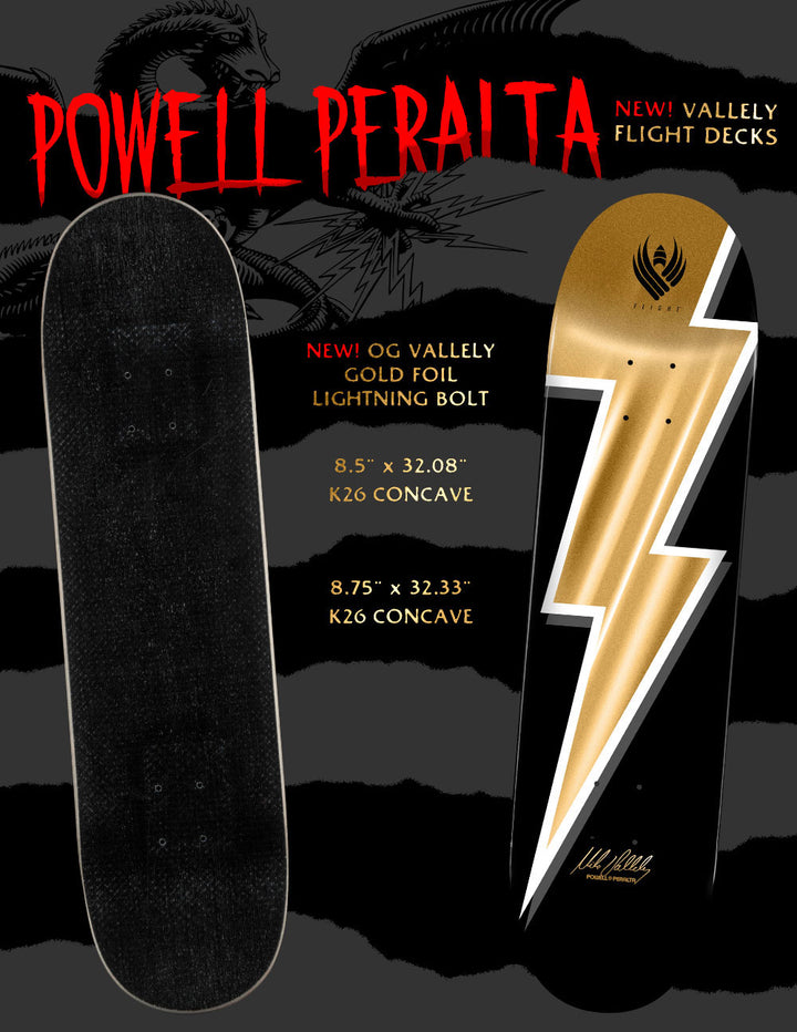 Powell Peralta Mike Vallely skateboard deck with a gold lightning bolt design by Powell Peralta, featuring the text 'POWELL PERALTA' and 'NEW VALLEY FLIGHT DECKS' on a black background