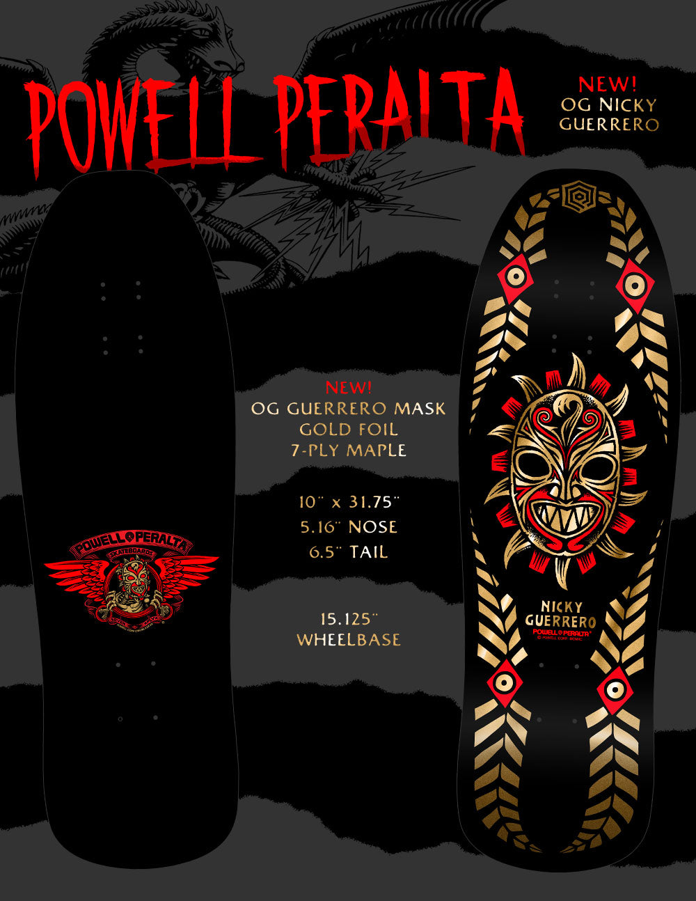 Powell Peralta Nicky Guerrero Mask Gold Foil Skateboard Deck