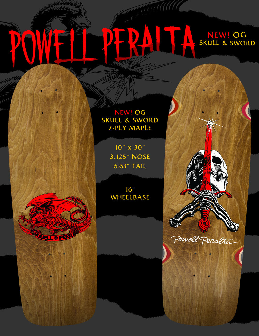 Powell Peralta Rodriguez Skull and Sword OG Brown Stain 10" Skateboard Deck