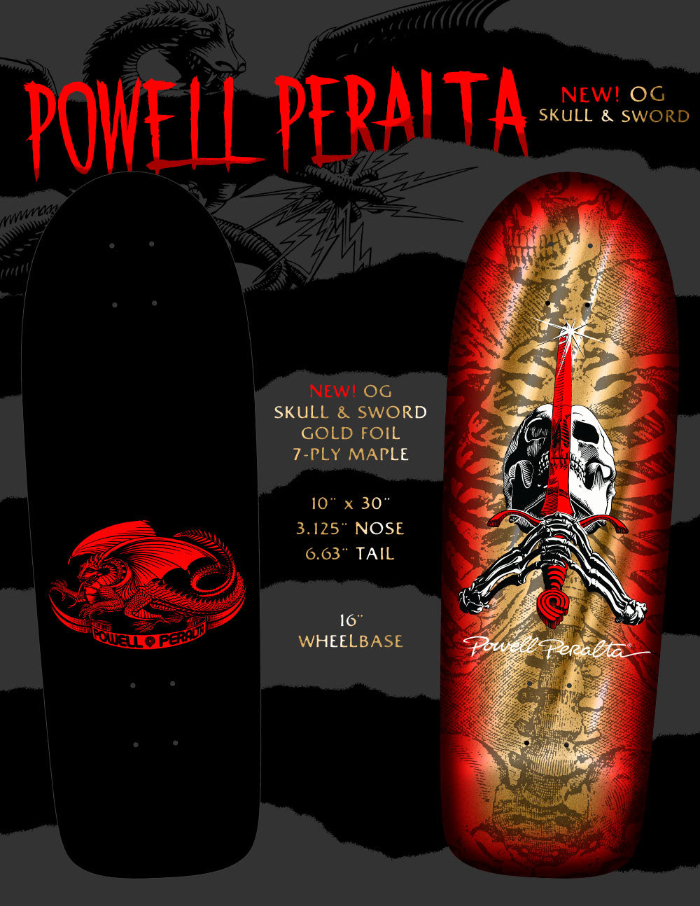 **Pre-Order** Powell Peralta OG Skull and Sword Gold Foil 10" Skateboard Deck