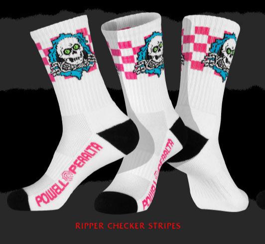 POWELL PERALTA RIPPER BLUE / WHITE / PINK CHECKERED STRIPED SOCKS
