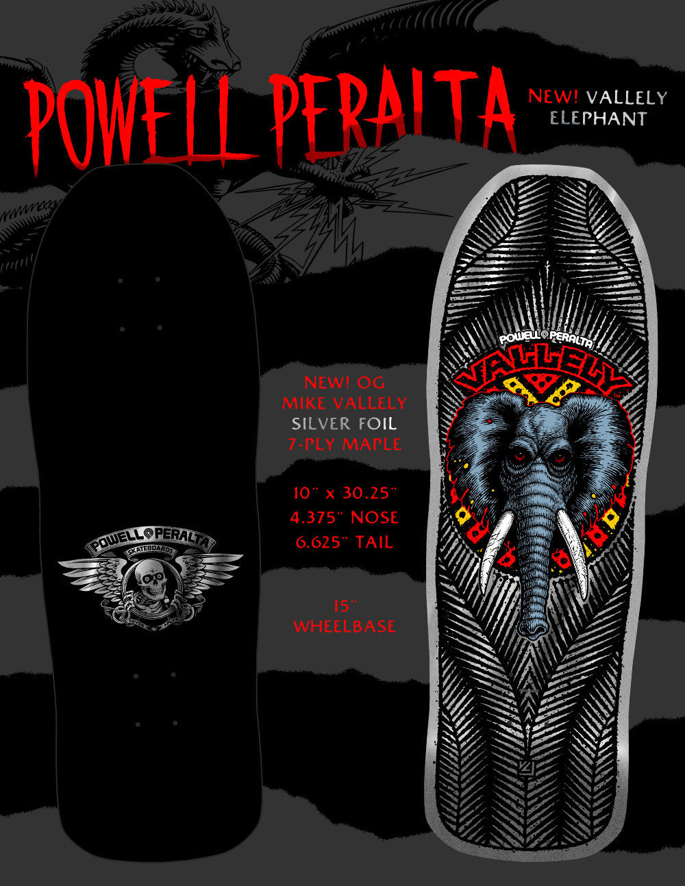 Promotional image for Powell Peralta Mike Vallely Elephant Silver Foil Skateboard Deck featuring the deck's design with a silver elephant graphic and text details.