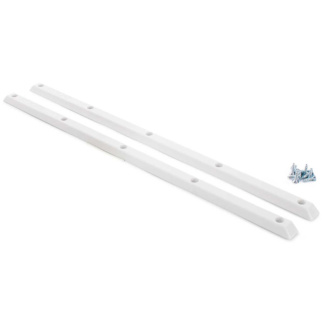 White Psycho skateboard rail pair with five mounting holes per rail and included mounting screws