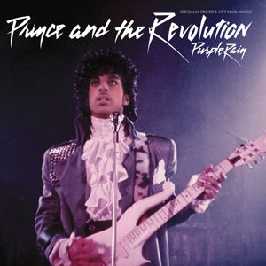 Prince - Purple Rain Maxi Single cover featuring a musician with a guitar, text 'Prince and the Revolution Purple Rain'.