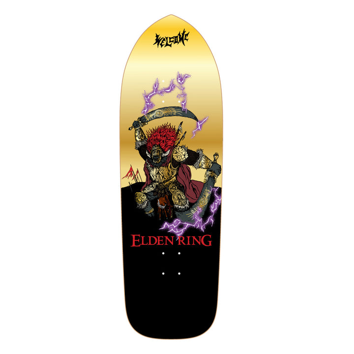 A Welcome x Elden Ring Radahn On Magic Bullet 2.0 Skateboard Deck featuring a character illustration with gold, black, and red colors on the deck's surface.