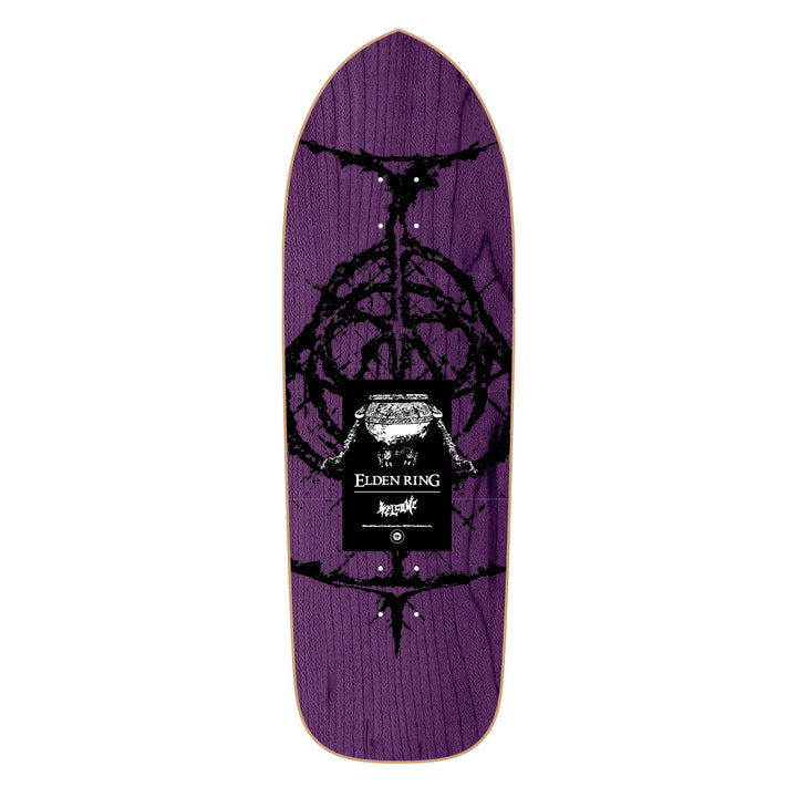 Skateboard deck with purple wood pattern and black graphic design on a white background