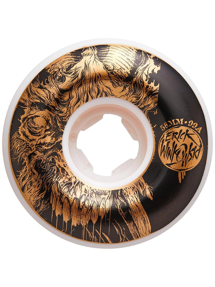 OJ Winkowski Skateboard wheel with gold and black design on a white background
