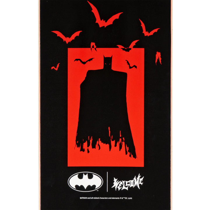Batman silhouette against a red background with bats, featuring DC Comics and Welcome logos.