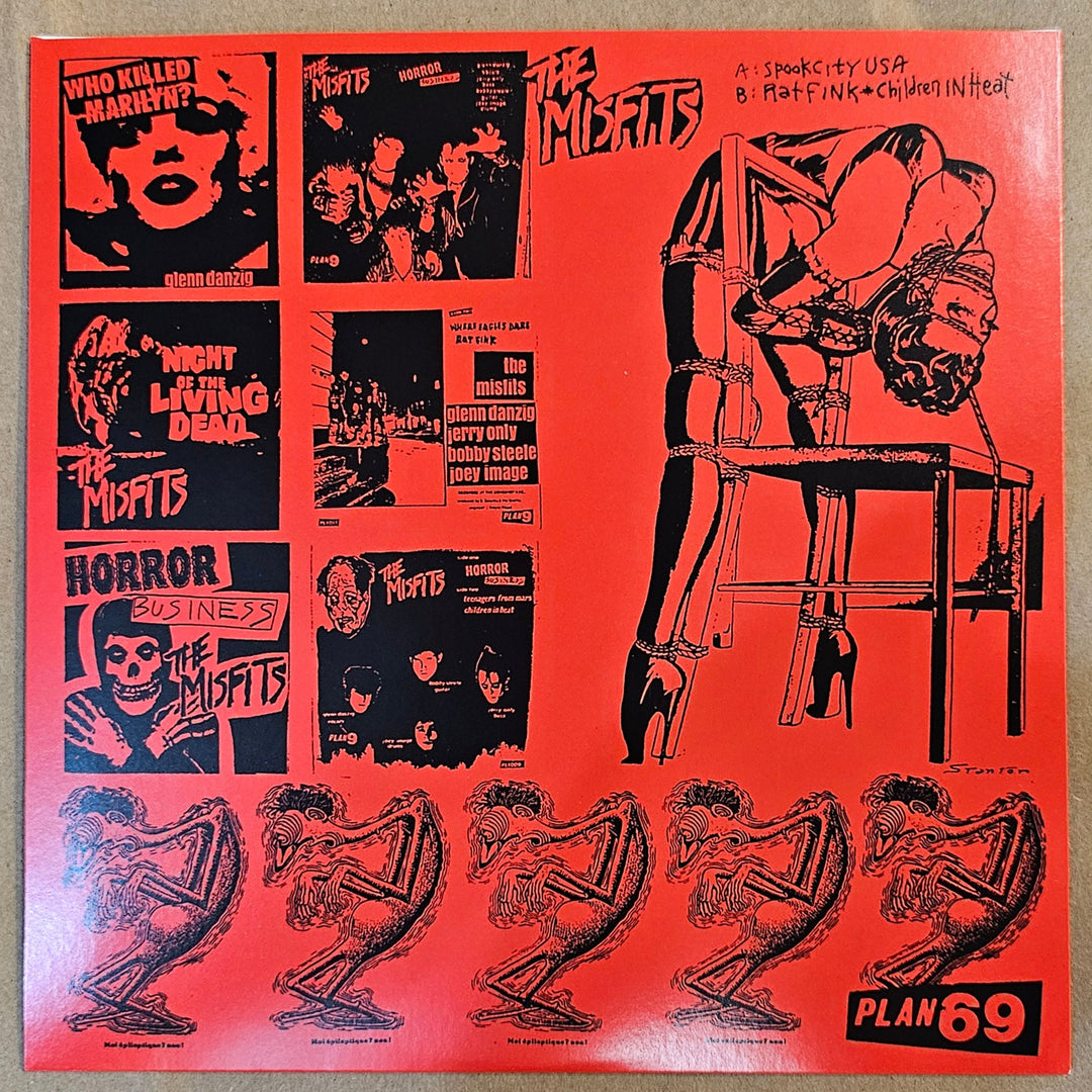 Misfits back 7" cover Red album cover with black graphics on a beige surface