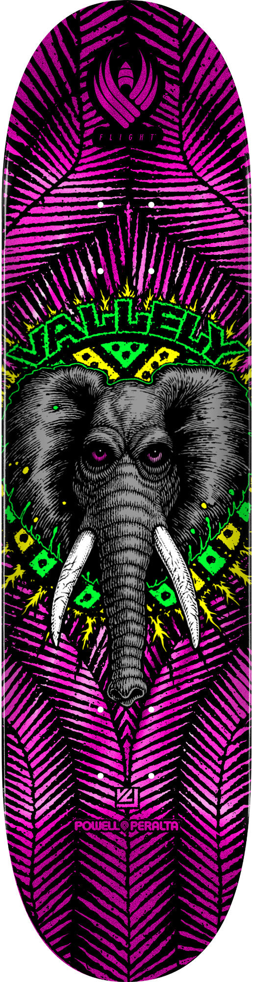 Skateboard deck with an elephant design and colorful patterns on a purple background