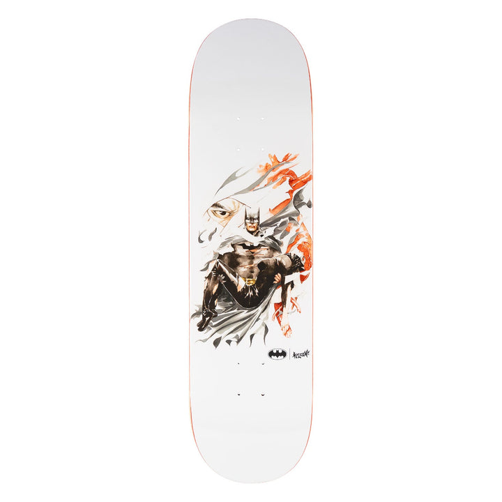 Skateboard deck with a Batman graphic on a white background