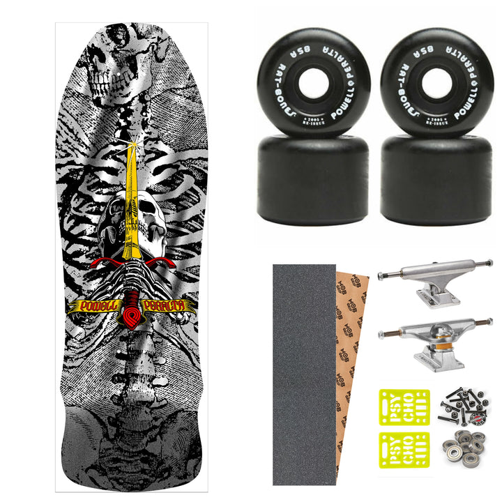 POWELL PERALTA "SKULL & SWORD" SILVER FOIL 9.75" COMPLETE SKATEBOARD