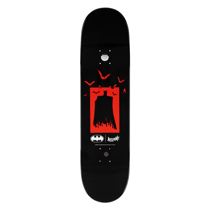Black skateboard deck with red and white graphic design on a white background