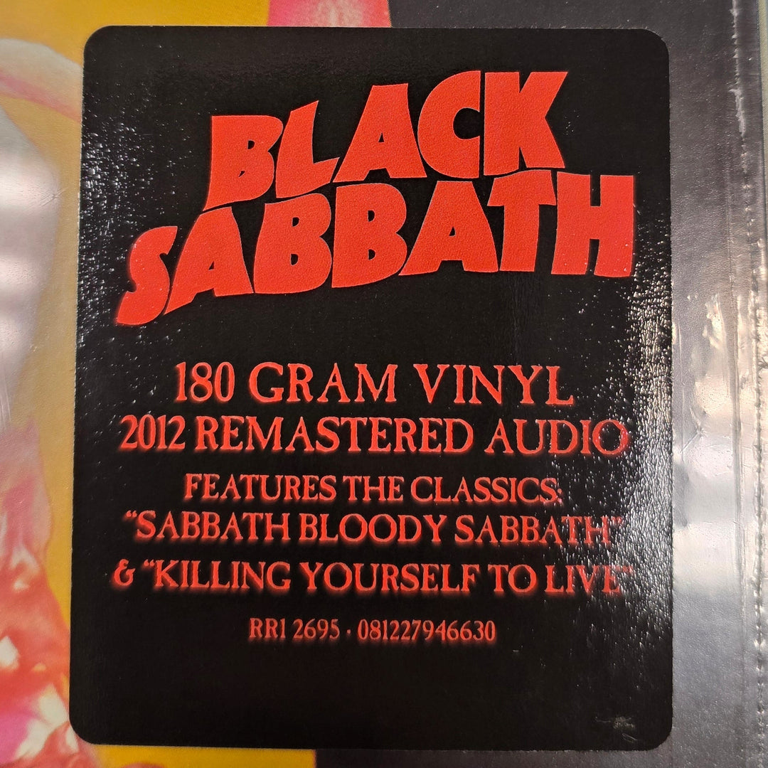 Black Sabbath album cover with red text on a reflective surface