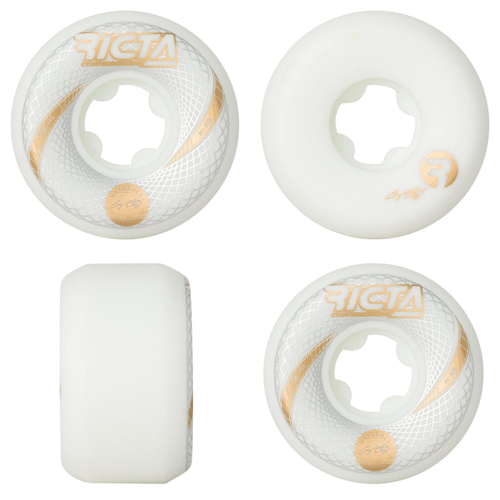 Four white roller skate wheels with gold accents and 'RICTA' branding on a white background.
