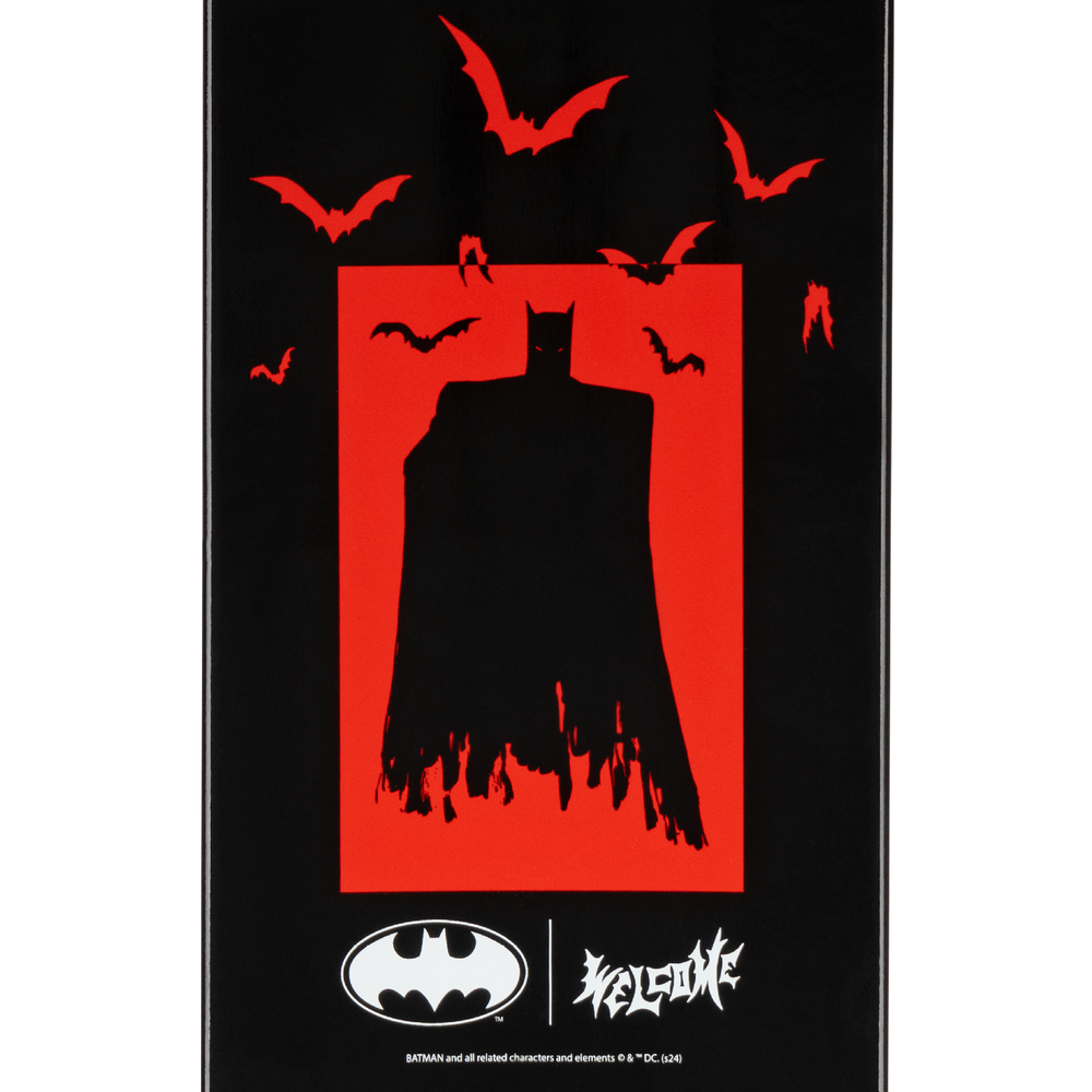 Black and red graphic of a silhouette with bats and a logo at the bottom