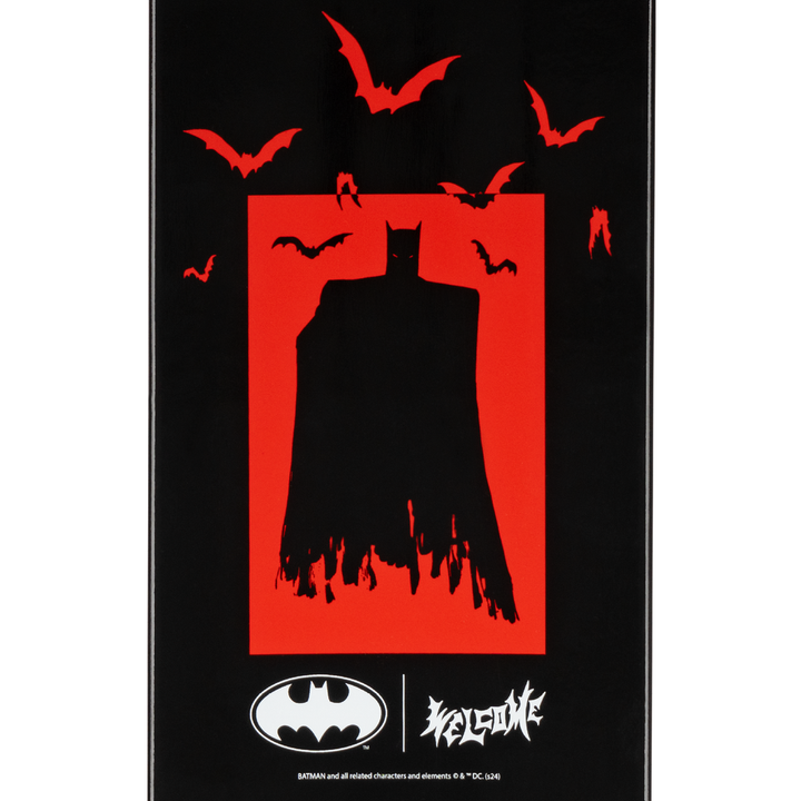 Black and red graphic of a silhouette with bats and a logo at the bottom