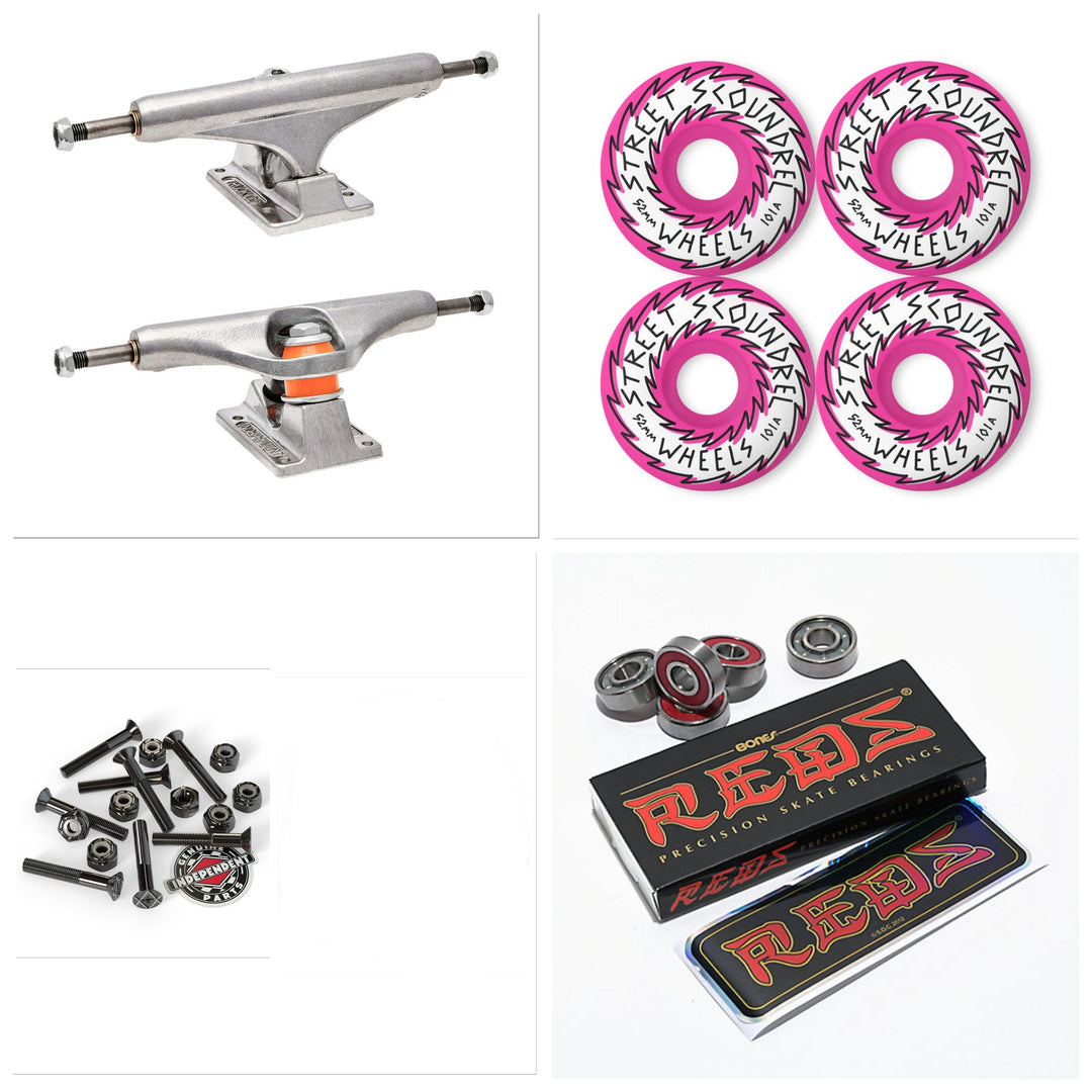Skateboard parts, including Independent Mid trucks, Street Plant 52mm 101a Pink wheels, Bones Reds bearings, and Independent Hardware and shock pads, on a white background.