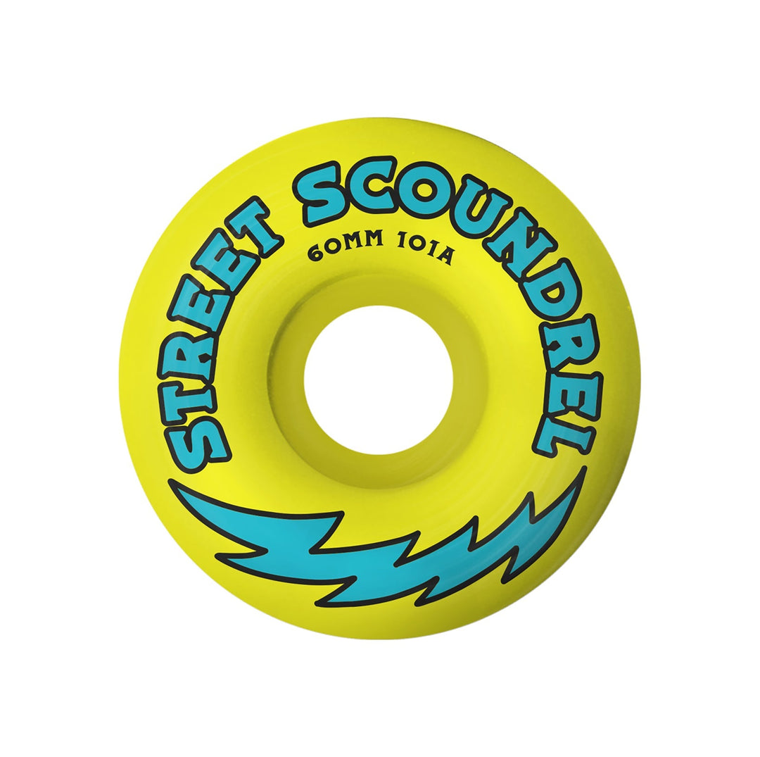 Street Plant Yellow skateboard wheel with 'Street Scoundrel' branding on a white background
