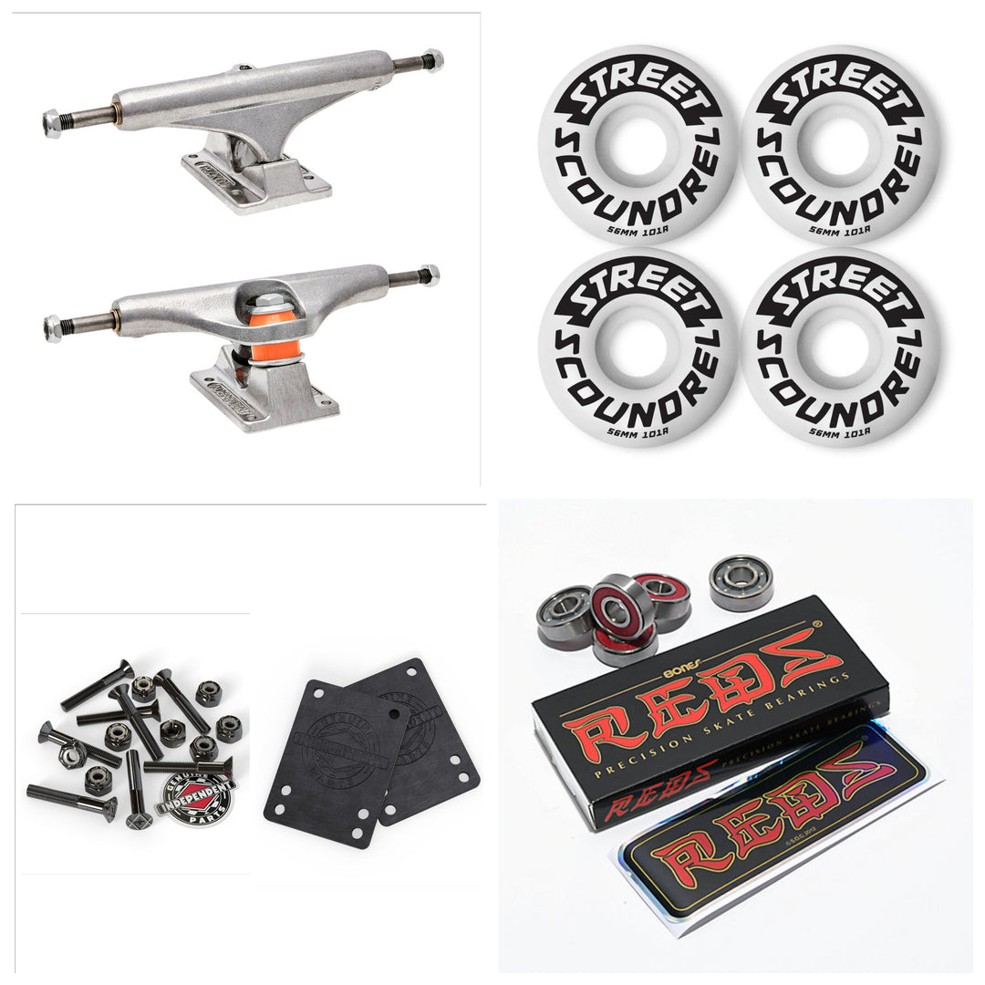 Independent Mid trucks, Street Plant 56mm wheels, and Bones Reds bearings 