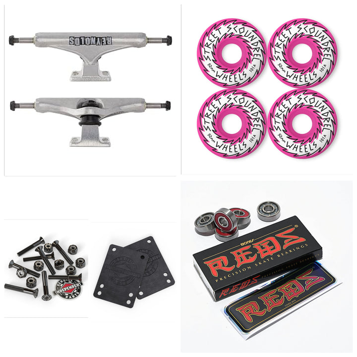 Skateboard parts, including Independent Reynolds Block Mid trucks, Street Plant 52mm 101a Pink wheels, Bones Reds bearings, and Independent Hardware and shock pads, on a white background.