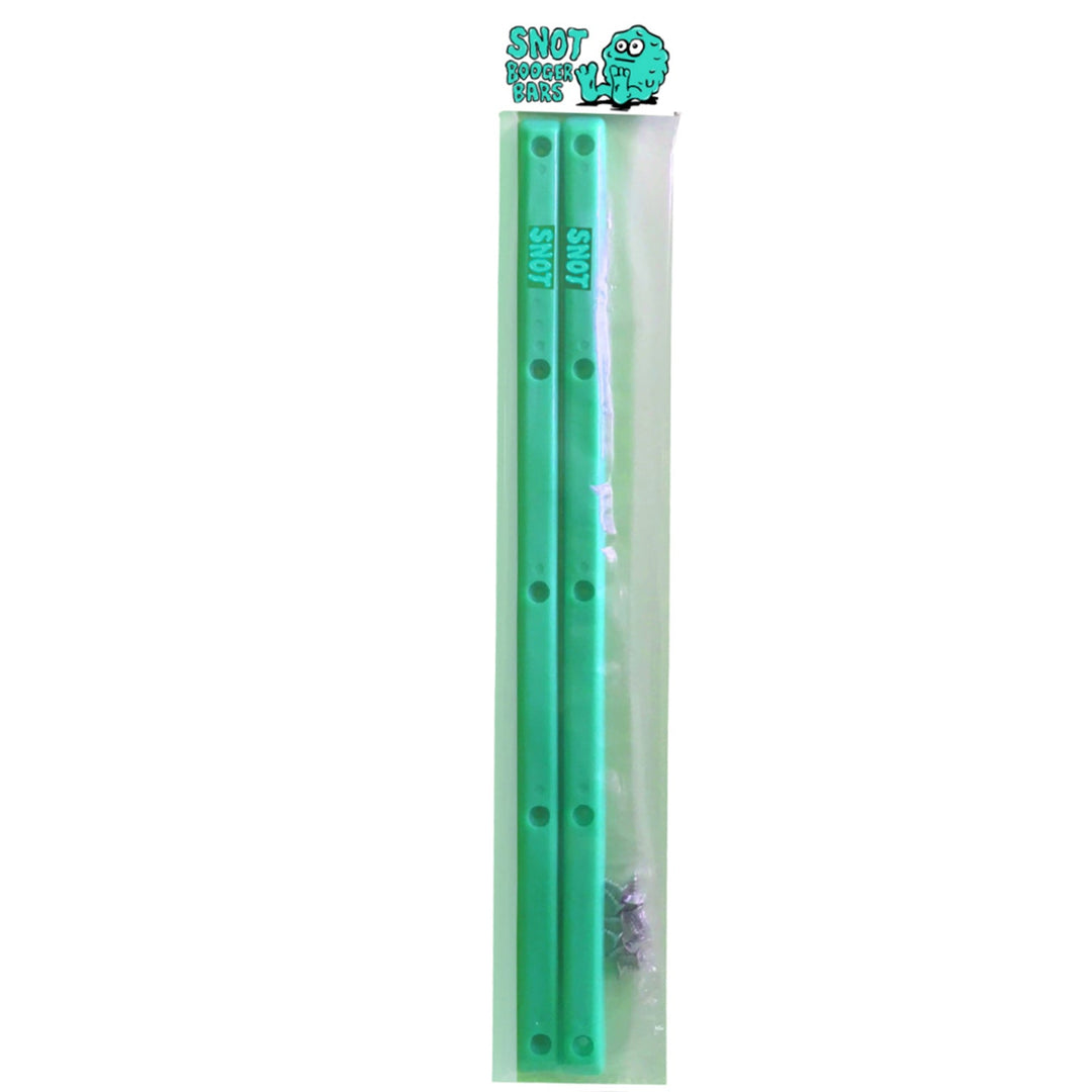 Snot Booger Bars skateboard rails in teal with mounting screws