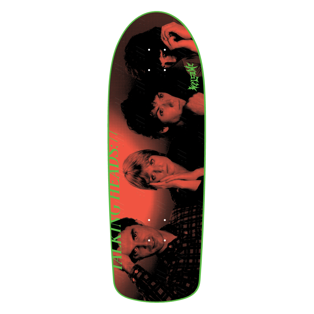 Skateboard deck with a graphic design of three people on a white background