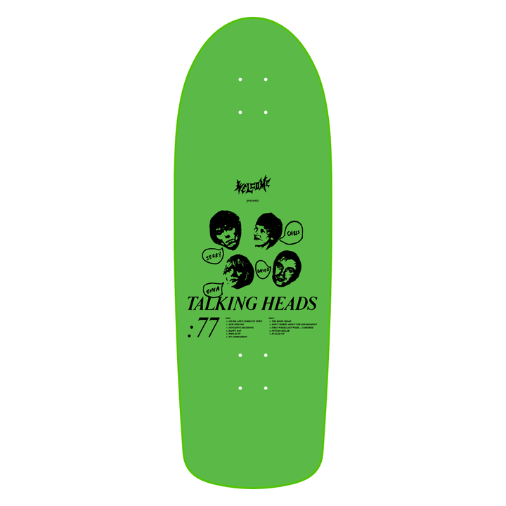 Green skateboard deck with black graphics and text on a white background