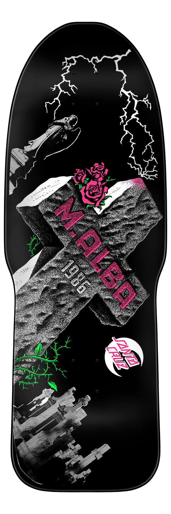 Santa Cruz Malba Tombstone 50th Anniversary Skateboard Deck with a black base featuring a graphic with pink and green accents, and text that reads 'Mickey Alba 1986'.