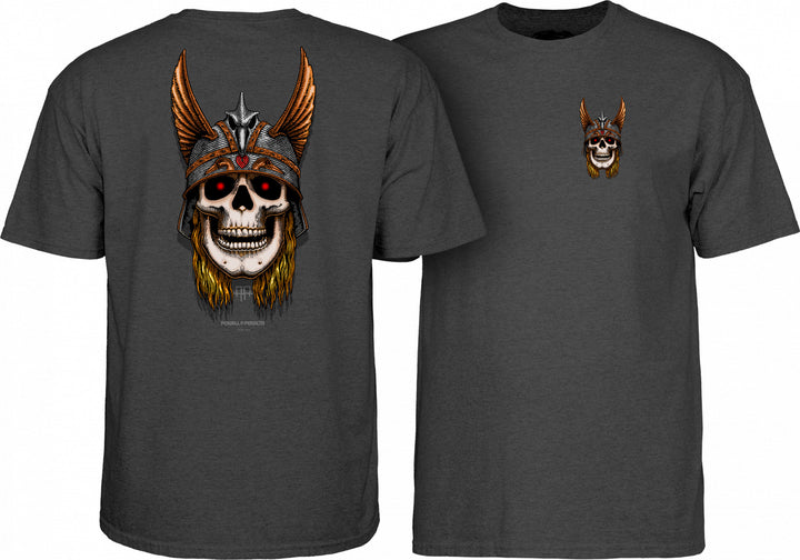 Two black t-shirts with the Powell Peralta Andy Anderson Skull T-Shirt design, featuring a large graphic of a skull with a helmet on the back and a smaller logo on the left chest.